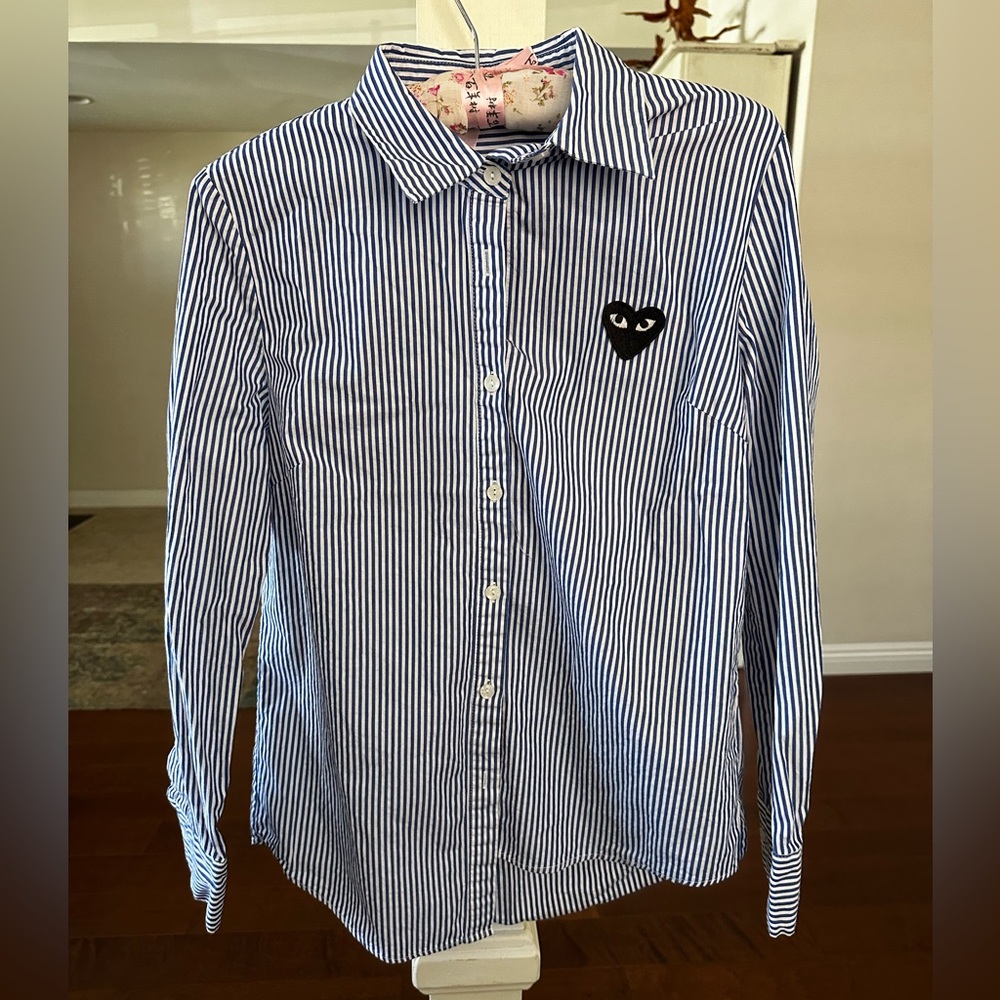 Comme des Garcons Blue and White Striped PLAY Button Shirt Size M